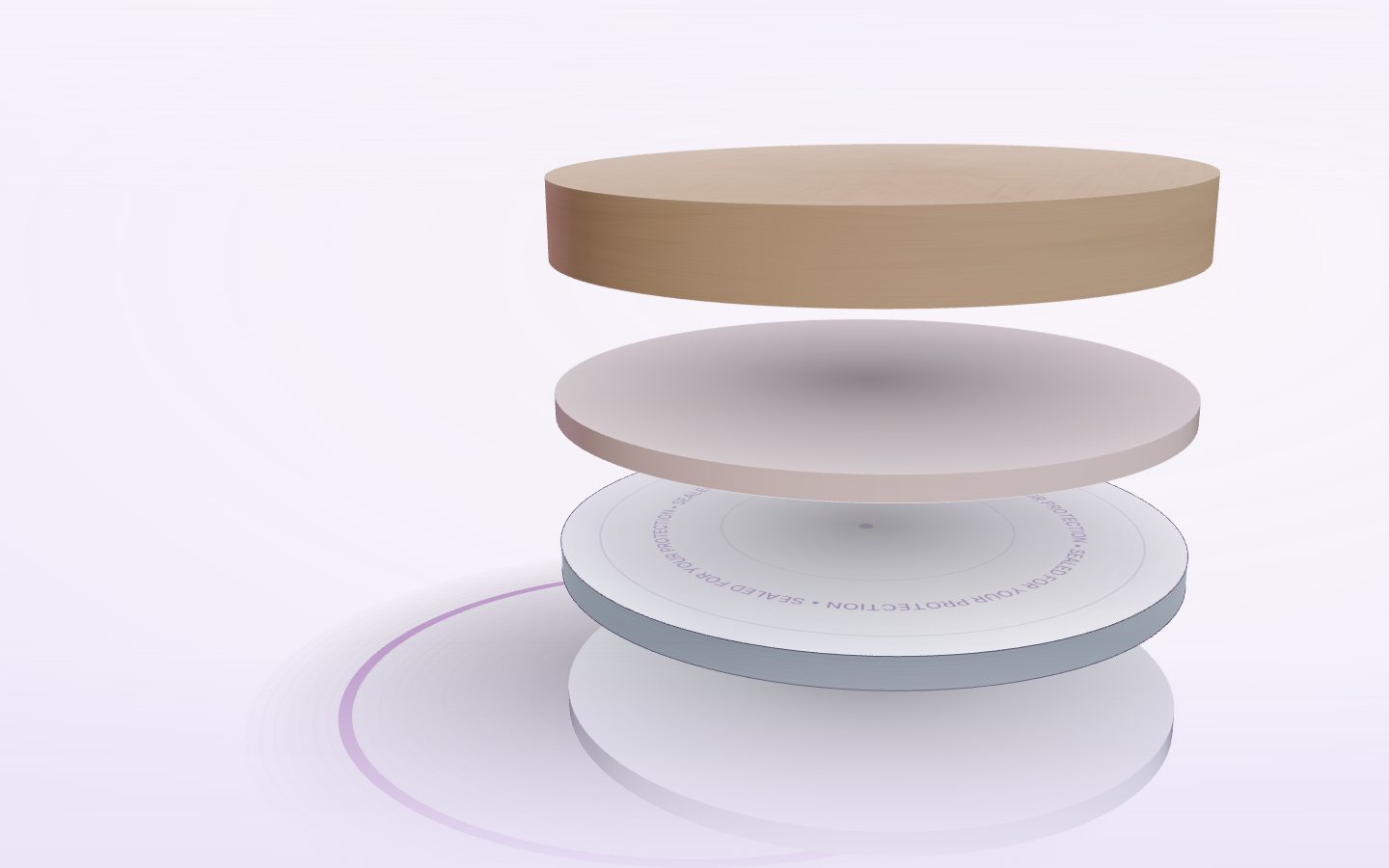 Exploded view of an induction seal liner showing its four bonded layers at true thickness