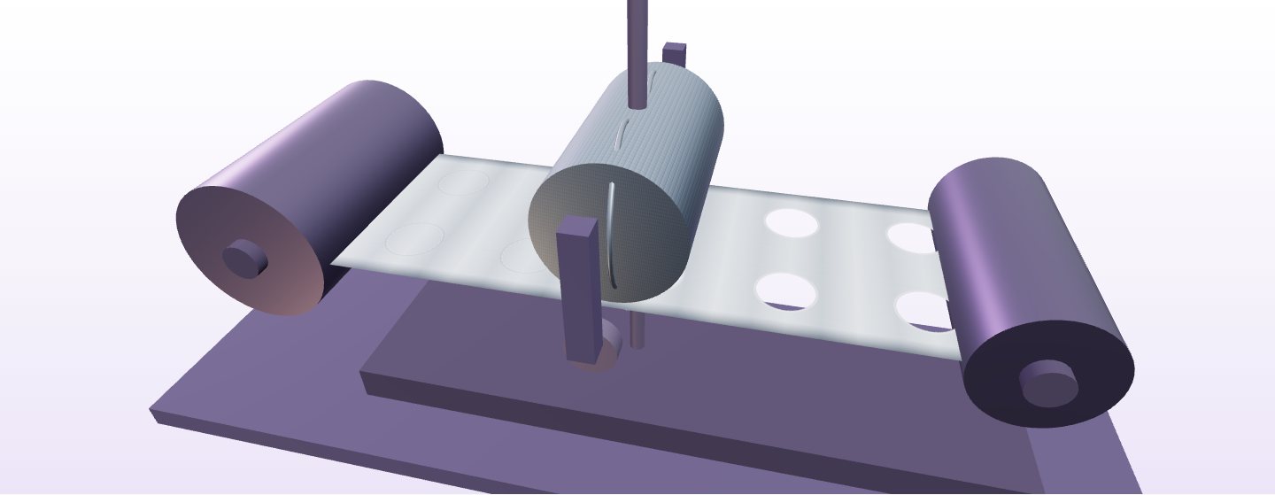 Laminated aluminium foil web feeding a rotary die cutting station, with round induction seal liner discs dropping from the die